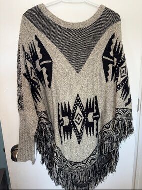 Fringe Tribal Knit Poncho Sweater